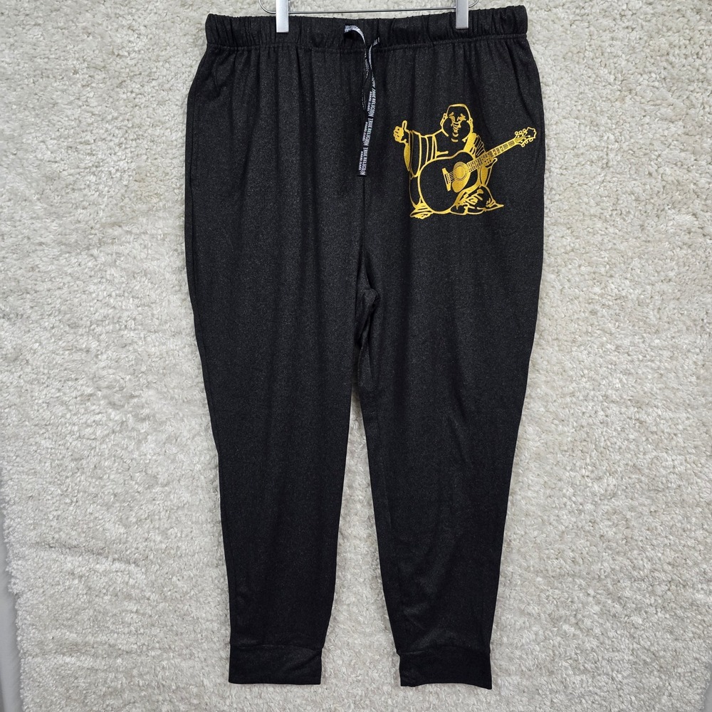 True Religion Mens‎ Lounge Wear Pants Large Black Buddha Guitar Print Drawstring